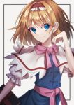  1girl alice_margatroid bangs blonde_hair blue_dress blue_eyes book capelet closed_mouth dress hairband highres holding holding_book lolita_hairband red_hairband short_hair short_sleeves simple_background smile solo touhou upper_body wankosoradayo white_background white_capelet 