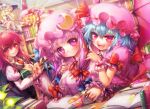  5girls :d bat_wings blonde_hair blue_hair book crescent crescent_hat_ornament cup dress flandre_scarlet hat hat_ornament head_wings kirisame_marisa koakuma long_hair misaki_(kyal_001) mob_cap multiple_girls open_book patchouli_knowledge purple_dress purple_hair reading red_eyes redhead remilia_scarlet smile striped striped_dress teacup touhou violet_eyes wings witch_hat 