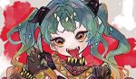  1girl absurdres bangs black_gloves claw_pose commentary earrings fangs gloves gradient_hair green_hair hatsune_miku highres horns jewelry multicolored_hair orange_eyes orange_hair portrait red_background salamander_(vocaloid) solo tanarei teeth tongue tongue_out twintails upper_teeth vocaloid 