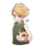  1boy 1other :3 bare_shoulders blonde_hair blue_eyes brown_gloves digimon gloves green_shirt hair_between_eyes hiryuu_(kana_h) holding_digimon horns ishida_yamato male_focus red_eyes shirt short_hair single_horn sleeveless sleeveless_turtleneck tunomon turtleneck upper_body white_background 