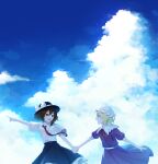  2girls :d absurdres bangs black_headwear black_skirt blonde_hair blue_sky bow brown_hair clouds collared_dress collared_shirt commentary_request cumulonimbus_cloud dress feet_out_of_frame hair_bow hat hat_bow highres holding_hands looking_at_another maribel_hearn medium_hair mob_cap multiple_girls neck_ribbon necktie open_mouth pointing profile puffy_short_sleeves puffy_sleeves purple_dress red_bow red_necktie red_ribbon ribbon shinketsu_kanyu shirt short_sleeves skirt sky smile touhou usami_renko violet_eyes white_bow white_headwear white_shirt 