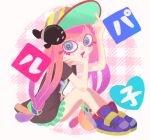  1girl :d adjusting_clothes adjusting_headwear aqua_eyes aqua_skirt baseball_cap black_shirt character_name clownfish colored_eyelashes drooling fish full_body gradient_hair harmony&#039;s_clownfish_(splatoon) harmony_(splatoon) hat highres legs_together low_twintails miniskirt multicolored_clothes multicolored_footwear multicolored_hair multicolored_headwear no_eyebrows no_nose orange_hair oversized_clothes oversized_shirt paburo_(pablo_illust) pink_hair pleated_skirt purple_hair shirt shoes short_sleeves sitting skirt smile sneakers splatoon_(series) splatoon_3 striped striped_headwear tentacle_hair twintails 