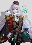  1girl absurdres aoandon fire gloves green_eyes green_lips hat highres long_hair looking_at_viewer military military_hat military_uniform onmyoji ukiyo_aoandon_(onmyoji) uniform very_long_hair white_gloves 