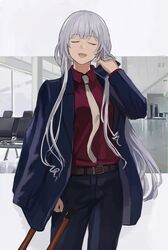  1girl absurdres ak-12_(girls&#039;_frontline) alternate_costume arm_up belt black_shirt business_suit closed_eyes cowboy_shot formal girls_frontline grey_hair hand_in_own_hair highres holding holding_phone jacket jacket_on_shoulders long_hair luggage necktie orlijiang pants phone shirt suit 