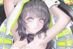  1girl animal_ears armpits arms_up bare_shoulders black_bow bow closed_mouth cropped eyelashes fake_animal_ears film_grain gigapuri grey_hair highres lipstick long_eyelashes long_hair looking_at_viewer makeup original poker_chip rabbit_ears roulette_table solo table upper_body violet_eyes 