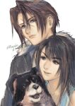  1boy 1girl 1other angelo_(ff8) black_hair black_jacket blue_cardigan brown_hair cardigan dog earrings fangs final_fantasy final_fantasy_viii fur_collar grey_eyes hair_between_eyes highres jacket jewelry long_hair multicolored_hair noie_(neunteedelstein) open_mouth parted_lips rinoa_heartilly scar scar_on_face short_hair single_earring smile squall_leonhart streaked_hair twitter_username upper_body white_background 