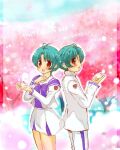  1boy 1girl 2022 back-to-back bangs blue_hair bow brown_eyes dual_persona hama_(ponkotu826) happy_birthday jacket juliet_sleeves long_sleeves muvluv pants parted_bangs puffy_sleeves purple_bow short_hair skirt smile standing tree white_jacket white_pants white_skirt yoroi_mikoto 