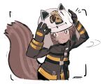  1girl :&gt; arknights black_gloves black_jacket blush brown_eyes brown_hair fire_helmet firefighter_jacket gloves highres jacket looking_at_viewer shaw_(arknights) simple_background smile solo squirrel_girl squirrel_tail sweatdrop tail tetuw upper_body viewfinder white_background 