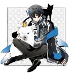  1boy :3 animal_on_shoulder axia_krone black_cat black_footwear black_gloves black_hair black_jacket black_nails black_pants black_scarf cat cat_on_shoulder closed_mouth commentary crown flame_print gloves highres jacket kino_(kino_cono) long_hair long_sleeves looking_at_viewer male_focus nijisanji off-shoulder_jacket off_shoulder pants scarf shoes solo symbol-only_commentary virtual_youtuber wolf 