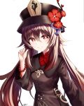  1girl 1yu_x absurdres bangs black_headwear bracelet brown_hair brown_jacket closed_mouth floating_hair flower flower-shaped_pupils genshin_impact hair_between_eyes hat hat_flower highres hu_tao_(genshin_impact) jacket jewelry long_hair long_sleeves looking_at_viewer red_eyes red_flower red_shirt shirt signature smile solo symbol-shaped_pupils twintails very_long_hair white_background 