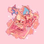  +_+ artist_name blue_eyes breathing_fire charizard charmander charmeleon claws commentary evolutionary_line fangs fire highres leaphere no_humans open_mouth pink_background pokemon pokemon_(creature) sparkle star_(symbol) tongue watermark 