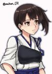  1girl blue_hakama brown_eyes brown_hair hakama highres japanese_clothes kaga_(kancolle) kantai_collection long_hair looking_to_the_side makun_dx muneate one-hour_drawing_challenge side_ponytail simple_background solo tasuki twitter_username upper_body white_background 