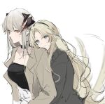  2girls afterimage animal_ears arknights black_choker black_jacket black_shirt blonde_hair blue_eyes breasts brown_jacket choker dog_ears dog_girl dog_tail dragon_horns floppy_ears grey_hair highres horns hug hug_from_behind jacket joshua_(shisanli934) kirsten_(arknights) long_hair long_sleeves multiple_girls open_clothes open_jacket saria_(arknights) shirt sidelocks simple_background sketch small_breasts tail tail_wagging upper_body white_background yuri 