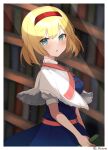  1girl alice_margatroid blonde_hair blue_dress blurry blurry_background blush border breasts capelet depth_of_field dress hairband highres indoors large_breasts light_particles light_rays looking_at_viewer machimo open_mouth red_hairband sash short_hair solo touhou white_border white_capelet 