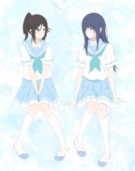  2girls bangs black_hair blue_eyes blue_hair blue_neckerchief blue_sailor_collar blue_skirt blush cgkenpoo closed_mouth collarbone hibike!_euphonium highres kitauji_high_school_uniform kneehighs liz_to_aoi_tori long_hair looking_at_another multiple_girls neckerchief outstretched_arms pink_eyes pleated_skirt ponytail sailor_collar school_uniform serafuku shirt shoes short_sleeves sitting skirt smile socks spread_arms uniform white_footwear white_shirt white_socks 