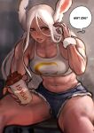  1girl absurdres animal_ears ayaki_d boku_no_hero_academia breasts dark-skinned_female dark_skin denim highres holding jeans long_hair mirko muscular muscular_female pants rabbit_ears rabbit_girl red_eyes shorts simple_background sitting solo sweat thick_thighs thighs white_hair 