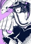  1girl absurdres capelet cowboy_shot frilled_shawl frilled_skirt frills gurajio hagoromo hat hat_ribbon highres long_sleeves monochrome nagae_iku open_mouth purple_background ribbon shawl shirt short_hair simple_background skirt solo touhou 