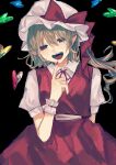  1girl ascot blonde_hair blood bow collared_shirt crystal flandre_scarlet frilled_shirt_collar frilled_skirt frilled_sleeves frills gotagotay hat hat_bow heart highres looking_at_viewer mob_cap one_side_up open_mouth pointy_ears puffy_short_sleeves puffy_sleeves red_eyes red_skirt red_vest shirt short_sleeves simple_background skirt skirt_set solo touhou vest white_shirt wings wrist_cuffs yellow_ascot 