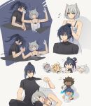  !? 3boys 3girls animal_ears black_hair blue_hair brown_hair bucket cat_ears chest_jewel dark-skinned_male dark_skin eunie_(xenoblade) glasses gloves grey_hair hair_rings half_gloves hand_fan hand_tattoo head_wings highres hot lanz_(xenoblade) laughing mio_(xenoblade) multiple_boys multiple_girls noah_(xenoblade) npc_(nemui) pointing ponytail sena_(xenoblade) side_ponytail sleeping sweat taion_(xenoblade) tattoo tying_another&#039;s_hair white_hair xenoblade_chronicles_(series) xenoblade_chronicles_3 