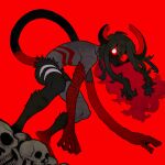  androgynous black_hair chimera colored_skin grey_skin highres horns hunched_over jaw long_arms long_hair looking_at_viewer red_background red_eyes simple_background skull solo striped tail wide-eyed zone_luch 