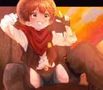  1boy belt brown_hair child clouds cloudy_sky commentary_request commission cowboy cowboy_hat cowboy_western fate/grand_order fate_(series) fingerless_gloves fujimaru_ritsuka_(male) gloves hat highres looking_at_viewer male_child male_focus mountainous_horizon orange_sky satoe short_hair sitting skeb_commission sky smile solo teeth 