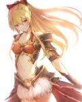  1girl armor armored_dress black_gloves blonde_hair bow breasts cowboy_shot dutch_angle gloves granblue_fantasy hair_between_eyes hair_bow lala_(0915_yu) long_hair looking_at_viewer medium_breasts navel red_bow red_eyes sidelocks smile solo vira_(granblue_fantasy) waist_cape white_background 