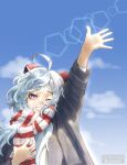  1girl bangs blue_hair blush clouds contemporary english_commentary ganyu_(genshin_impact) genshin_impact grey_jacket head_tilt highres holding holding_clothes holding_scarf horns jacket l_(ldraws10) long_hair one_eye_closed red_scarf scarf sky smile striped striped_scarf twitter_username upper_body violet_eyes watermark white_scarf 