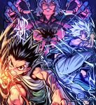  1girl 3boys black_hair blue_eyes cat_girl character_request child commentary fantasy glowing gon_freecss highres hunter_x_hunter incoming_attack killua_zoldyck long_hair looking_at_viewer lydart_mclo male_child messy_hair multiple_boys muscular muscular_child nail shirt shoes short_hair shorts smile spiky_hair t-shirt tank_top tattoo white_hair white_shirt 