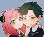  1boy 1girl ahoge blurry blurry_foreground character_request depth_of_field fingernails green_eyes green_hair grin lct_(lct_ikr) outline school_uniform simple_background smile spy_x_family upper_body v v_over_mouth white_outline 