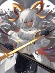  1girl absurdres animal_ears arknights black_gloves black_skirt carnelian_(arknights) coat dark-skinned_female dark_skin gloves highres holding holding_sheath holding_sword holding_weapon horns laomotou red_eyes reverse_grip sheath skirt sparks sword weapon white_coat white_hair 