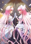  2girls bow choker closed_mouth commentary_request dress elbow_gloves eye_contact frilled_dress frills gloves goddess_madoka hair_bow highres infinite_iroha kaname_madoka long_hair looking_at_another magia_record:_mahou_shoujo_madoka_magica_gaiden mahou_shoujo_madoka_magica multiple_girls nacky0610 pink_eyes pink_hair pink_thighhighs smile thigh-highs tiara two_side_up very_long_hair white_bow white_choker white_dress white_thighhighs yellow_eyes zettai_ryouiki 