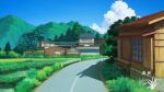  architecture blue_sky building bush chinese_commentary commentary_request day east_asian_architecture grass guard_rail house mountain no_humans original outdoors road scenery shadow sky tree watermark window xingzhi_lv 
