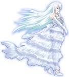  1girl bangs bare_shoulders blue_outline breasts colored_eyelashes copyright_request dress elbow_gloves floating_hair full_body gloves grey_hair hair_between_eyes high_heels looking_away m.m outline own_hands_together profile red_eyes shoes simple_background small_breasts solo strapless strapless_dress white_background white_dress white_footwear white_gloves 
