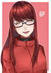  1girl :d absurdres bangs black-framed_eyewear border closed_eyes coat facing_viewer glasses heart highres long_hair open_mouth outline outside_border persona persona_5 persona_5_the_royal red_coat redhead reonzeee0120 shiny shiny_hair smile solo straight_hair swept_bangs very_long_hair white_border yoshizawa_kasumi 