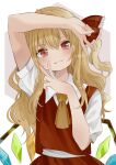  1girl absurdres alternate_hair_length alternate_hairstyle arm_up ascot bangs blonde_hair blush crystal flandre_scarlet flat_chest frilled_ribbon frills hair_between_eyes hair_ribbon head_tilt highres long_hair looking_at_viewer no_headwear one_side_up puffy_short_sleeves puffy_sleeves red_eyes red_ribbon red_skirt red_vest ribbon short_sleeves simple_background skirt smile solo touhou v vest white_background wing_collar wings yellow_ascot yumemi016 