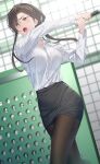  1girl bangs baseball_bat black_hair black_pantyhose black_skirt blush breasts collared_shirt highres holding holding_baseball_bat large_breasts long_sleeves medium_hair office_lady open_mouth original pallad pantyhose shirt shirt_tucked_in skirt thighs white_shirt 