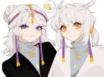  1boy 1girl grey_hair hair_ornament highres jewelry long_hair looking_at_viewer male_focus mimizuku_(sky:_children_of_the_light) pointy_hair ponytail qing7915 sky:_children_of_the_light snoozing_carpenter tassel tassel_hair_ornament white_hair 