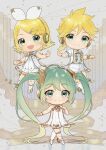  1boy 2girls aqua_hair blonde_hair chibi en_pointe flipped_hair gradient_hair gramophone_len gramophone_miku gramophone_rin green_eyes green_hair highres kikuchi_mataha miku_symphony_(vocaloid) multicolored_hair multiple_girls official_alternate_costume see-through vocaloid 