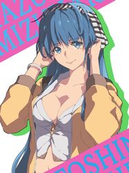  1girl bandana blue_eyes blue_hair bracelet breasts chiharu_(9654784) hand_on_ear highres jacket jewelry large_breasts long_hair looking_at_viewer navel open_clothes open_jacket original smile solo stomach 