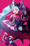  1girl aqua_hair black_thighhighs blue_eyes bow bowtie clenched_hands dress fang gloves hair_between_eyes hand_up hat hatsune_miku highres jumping leg_up lone_nape_hair magical_mirai_(vocaloid) magical_mirai_miku magical_mirai_miku_(2019) microphone_wand mini_hat mini_top_hat nunosei open_mouth outstretched_arm pink_background pink_bow pink_bowtie simple_background smile solo thigh-highs top_hat twintails vocaloid white_gloves white_headwear zettai_ryouiki 