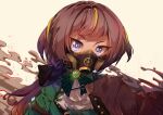  1girl absurdres alternate_costume anya_melfissa bangs bow bowtie brown_hair brown_jacket crover dress eyelashes gem green_dress highres hololive hololive_indonesia jacket looking_at_viewer official_alternate_costume potion simple_background solo steampunk violet_eyes virtual_youtuber 