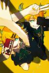  1boy 1girl ahoge black_shorts blonde_hair blue_eyes blue_hair bow chromatic_aberration colored_tips commentary controller covering_one_eye cross-shaped_pupils evil_grin evil_smile eyebrows_hidden_by_hair flipped_hair foreshortening fur-trimmed_vest green_bow grin highres kagamine_len kagamine_rin knee_up looking_at_viewer lower_teeth multicolored_hair one_eye_covered open_mouth reaching_out remote_control rimocon_(vocaloid) sharp_teeth shirt shorts simple_background sleeveless sleeveless_shirt smile standing standing_on_one_leg symbol-shaped_pupils taisa_piyo teeth upper_teeth v vest vest_over_shirt vocaloid yellow_background yellow_nails 