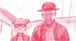  1boy 1girl :3 bowl bowl_hat breaking_bad choker cross double_bun earrings facial_hair fang glasses goatee haguhagu_(rinjuu_circus) hair_bun hat highres jewelry monochrome parody plaid sasha_(haguhagu) sunglasses walter_white 