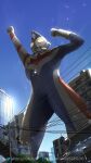  1boy alien clenched_hands from_below giant looking_up male_focus power_lines serike_w sky solo tokusatsu ultra_series ultraman_decker ultraman_decker_(series) yellow_eyes 