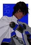  1boy :| arjuna_(fate) background_text bangs black_eyes black_hair blue_cape cape chain character_name closed_mouth commentary_request dark-skinned_male dark_skin expressionless fate/extella fate/extella_link fate/extra fate/grand_order fate_(series) gold_trim hair_between_eyes high_collar highres indian_clothes long_sleeves looking_at_viewer male_focus multicolored_background muni_(fdrk) short_hair solo two-tone_background two-tone_cape upper_body white_cape 
