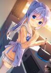  1girl apron artist_name blue_apron blue_eyes blue_hair blurry blurry_background blush cardigan chinomaron cooking dutch_angle gochuumon_wa_usagi_desu_ka? hair_between_eyes hair_ornament highres holding holding_ladle indoors kafuu_chino ladle long_hair long_sleeves looking_at_viewer open_mouth pleated_skirt ponytail sailor_collar signature skirt smile solo stove thigh-highs twitter_username white_sailor_collar white_skirt white_thighhighs x_hair_ornament yellow_cardigan 