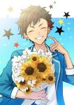  1boy ^_^ absurdres artist_name asymmetrical_bangs bangs black_hair blue_background blue_jacket blush bouquet closed_eyes collared_shirt commentary_request confetti ensemble_stars! flower grin hand_up highres holding holding_bouquet jacket lapels lily_(flower) long_sleeves makura_wet male_focus multicolored_hair nagumo_tetora open_clothes open_jacket parted_bangs redhead shirt short_hair signature smile solo star_(symbol) streaked_hair sunflower teeth two-tone_background upper_body white_background white_flower white_shirt wing_collar yellow_flower 