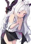  1girl absurdres ahoge bangs blue_archive demon_horns demon_wings flying_sweatdrops forehead highres hina_(blue_archive) horns long_hair low_wings multiple_horns parted_bangs shirt_tucked_in side_slit simple_background skirt solo violet_eyes white_background white_hair wings yuki_hishaku 