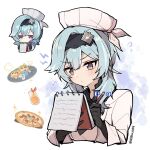  1girl :/ bangs black_gloves black_hairband blue_hair blush bright_pupils chef_hat chef_uniform closed_eyes commentary_request eula_(genshin_impact) food genshin_impact genshin_impact_sticker_redraw_(meme) gloves hair_over_shoulder hairband hat highres holding holding_notepad kyou_039 long_sleeves meme notepad pen pizza reference_inset shiny shiny_hair sidelocks simple_background solo twitter_username v-shaped_eyebrows white_background white_pupils writing 