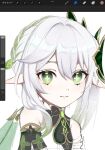  1girl bangs bare_shoulders etodayo eyebrows_hidden_by_hair genshin_impact green_eyes hair_between_eyes hair_ornament highres looking_at_viewer nahida_(genshin_impact) pointy_ears simple_background smile solo unfinished upper_body white_background white_hair 